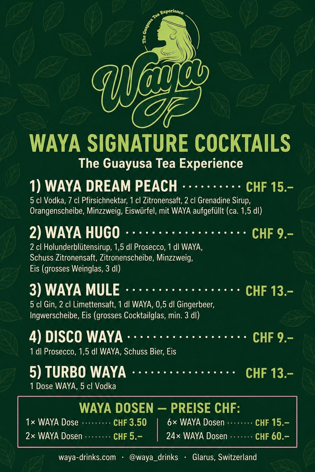 WAYA Signature Cocktails Menü: Dream Peach, Hugo, Mule, Disco Waya und Turbo Waya