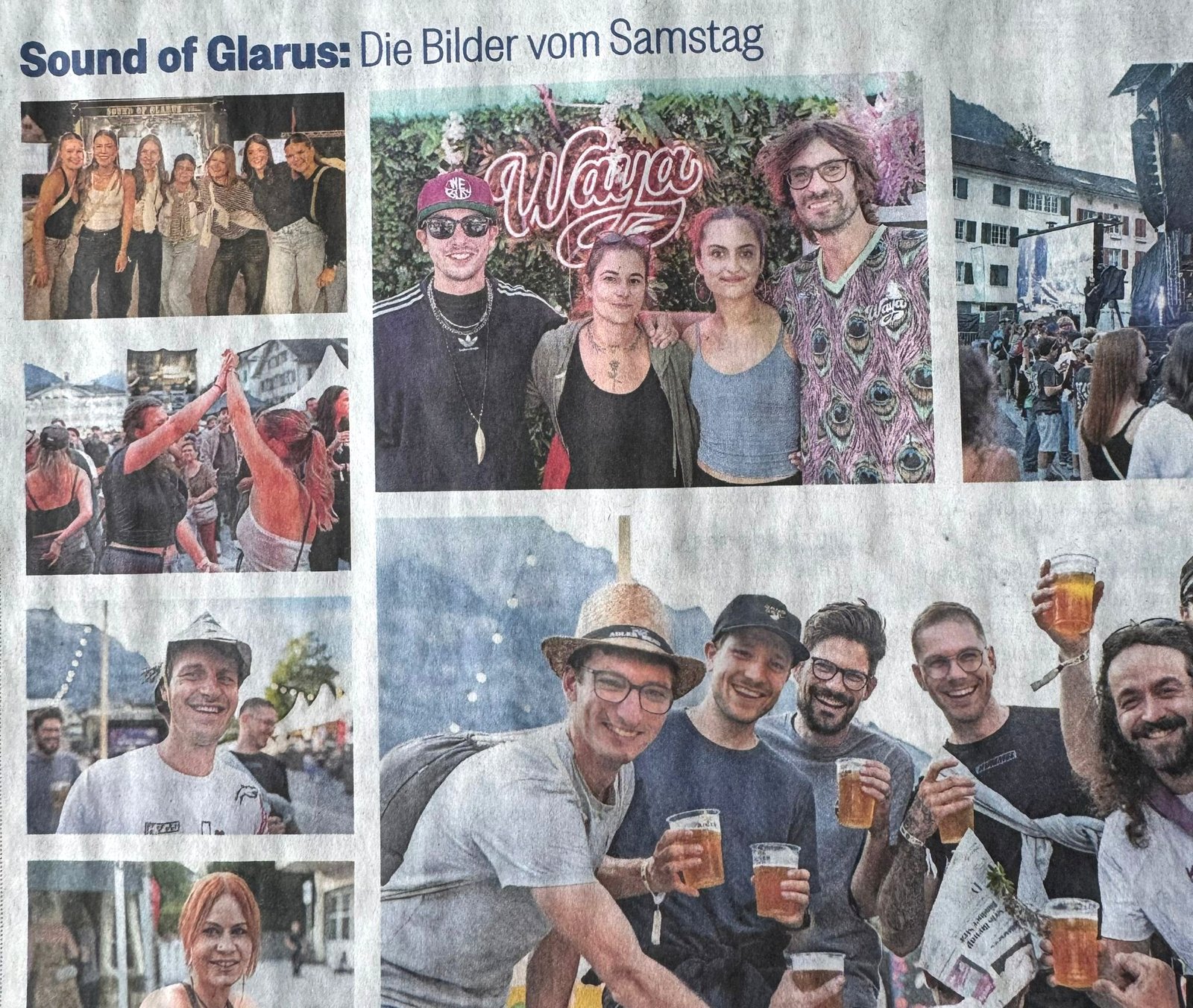 Zeitungsseite der Südostschweiz: «Sound of Glarus — Die Bilder vom Samstag» mit dem WAYA-Team vor der Blumenwand