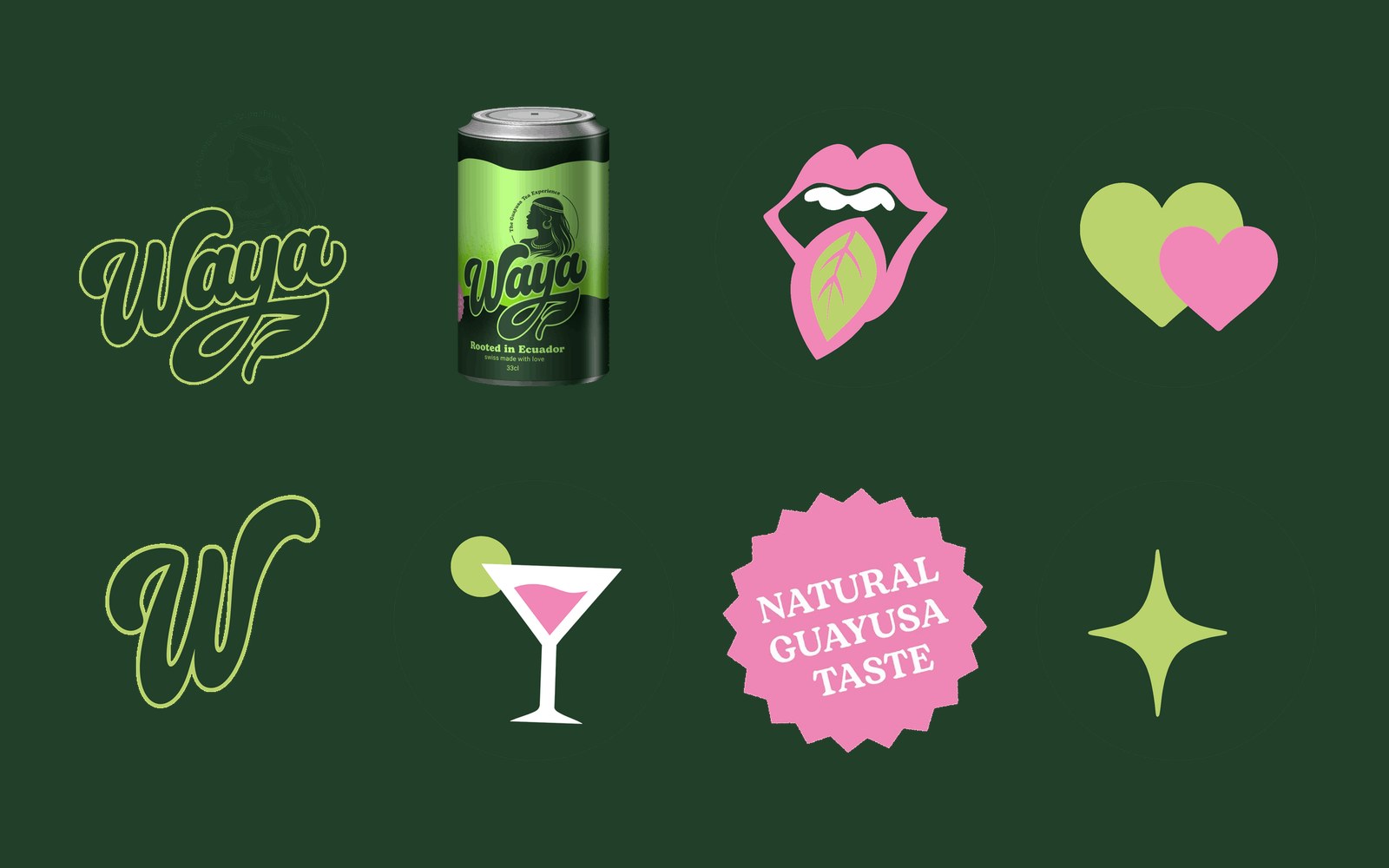 Übersicht der WAYA Sticker: Logo, Dose, Zunge mit Guayusa-Blatt, Herzen, Cocktail und Sparkle auf dunkelgrünem Grund
